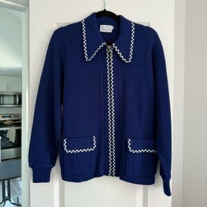Navy Blue Vintage Knit Cardigan with Checkered Trim
